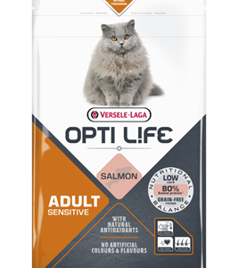 Croquettes premium Opti Life Adulte Sensitive au saumon pour chat sensible.