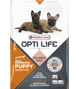 Croquettes Opti Life Chiot Sensible au saumon pour jeune chien aux sensibilités digestives.
