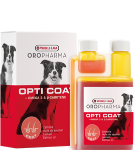 Flacon d'huile de saumon Opti Coat pour une peau saine et un pelage brillant chez le chien.