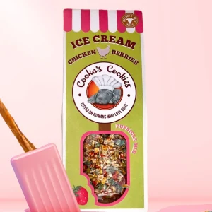 Bâtonnet de glace poulet et fraise pour chien.