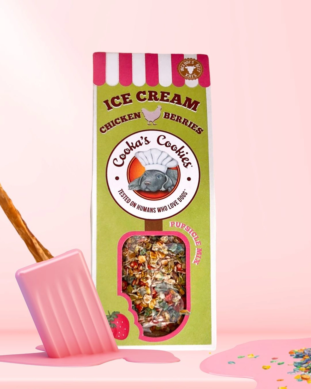 Bâtonnet de glace poulet et fraise pour chien.